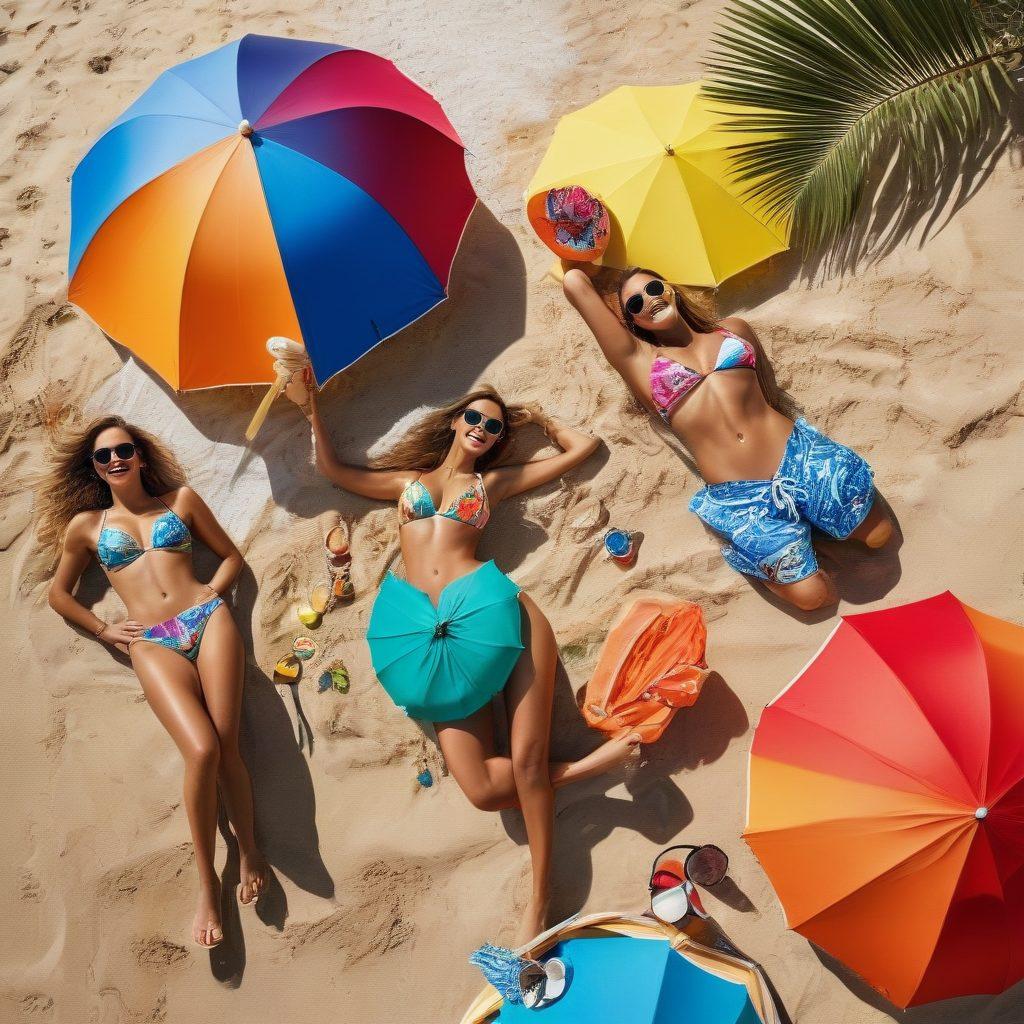A vibrant beach scene showcasing a diverse group of models wearing the latest bikini styles, engaging in joyful activities like beach volleyball and sunbathing. Each bikini reflects a unique design with bold colors and patterns, surrounded by sunny skies and crystal-clear waves. Detailed elements like beach umbrellas, sunglasses, and tropical drinks enhance the fun atmosphere. The overall vibe is energetic and summer-focused. super-realistic. vibrant colors. beach setting.